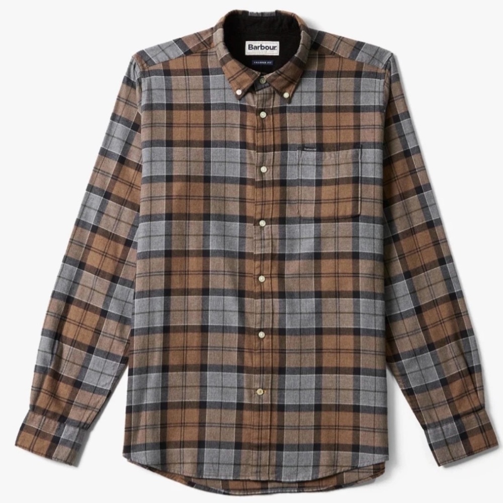 New Barbour Men's Casual Plaid Shirt in Brown and Gray